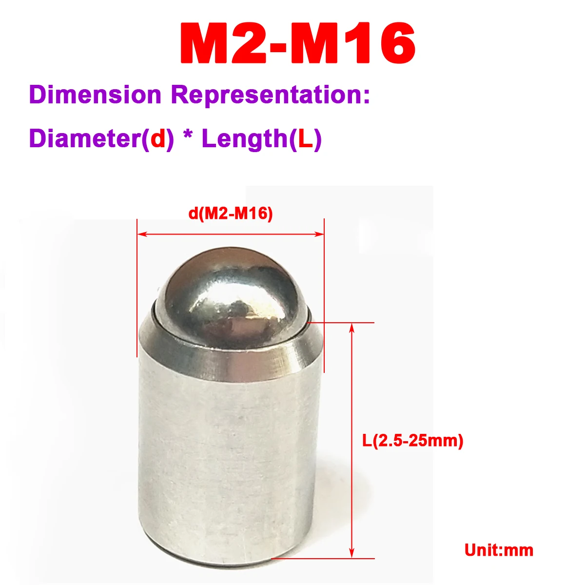 

M2M3M4M5M6M8MM10M12 Stainless Steel No Steps Steel Ball Head Fixed Spring Plunger