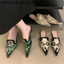 Fashion Embroider Slides Women Slippers Mules Shoes Pointed Toe Flats Heels Brand Sandals Casual Flip Flops Summer Shoes Loafers
