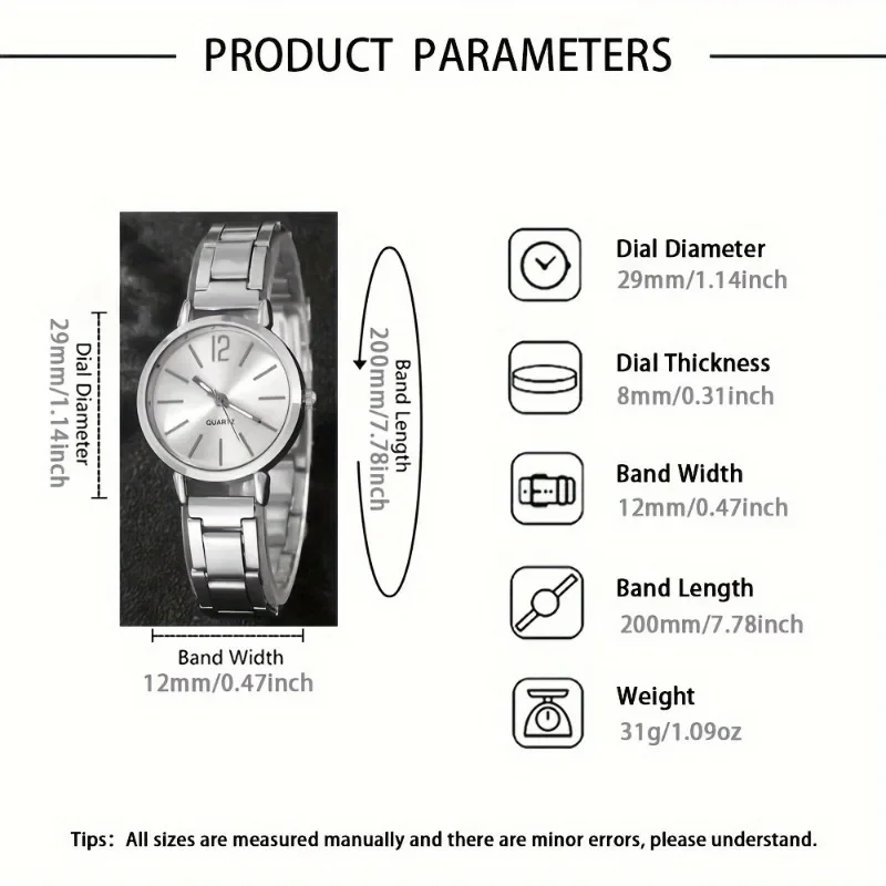 2pcs silver round quartz and heart bracelet jewelry gift suitable for all occasions, the best choice for Valentine's Day gift