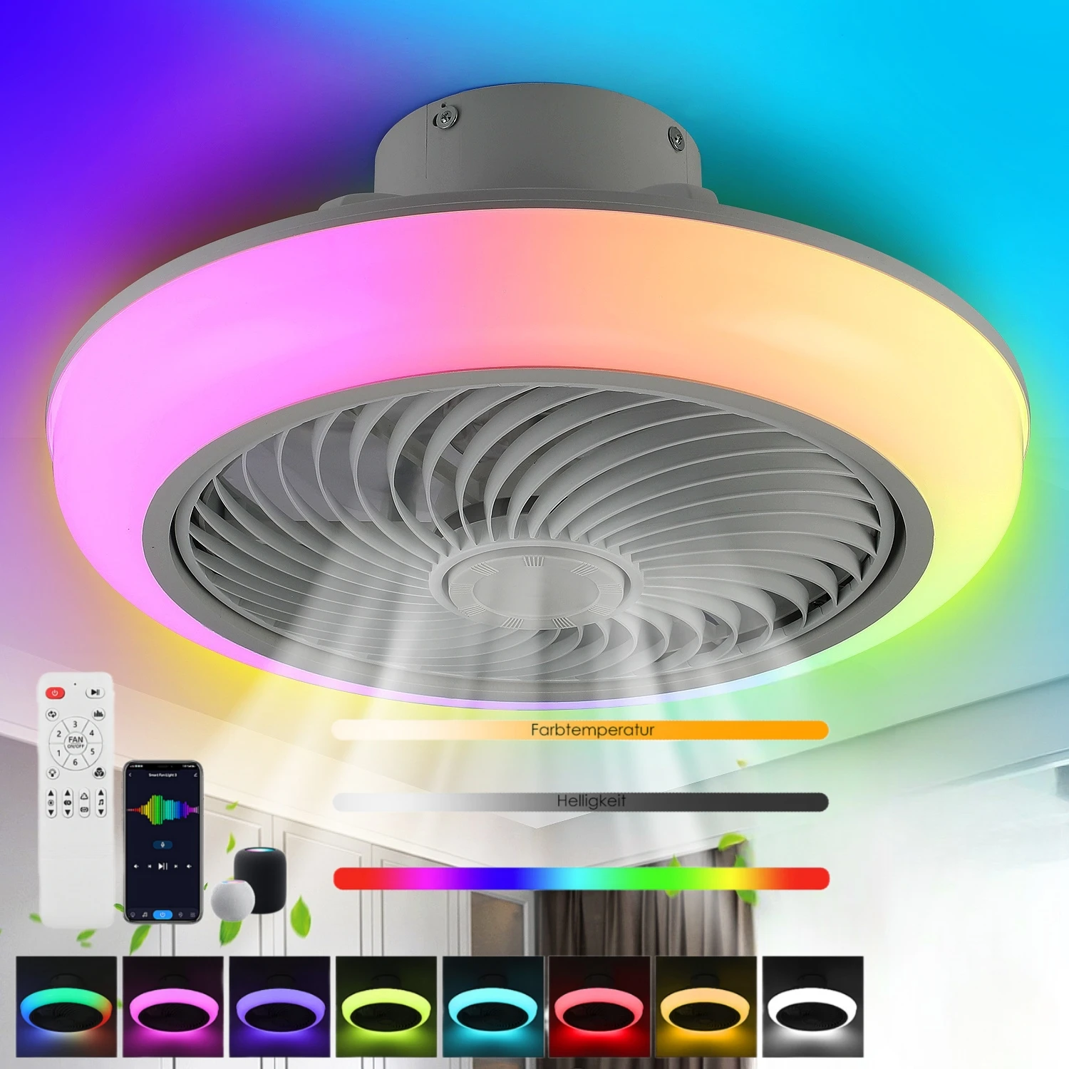 Moderne LED-Deckenleuchte, 50 W, Deckenlampe, RGB-Farbwechsel, leiser Deckenventilator, dimmbar, 6