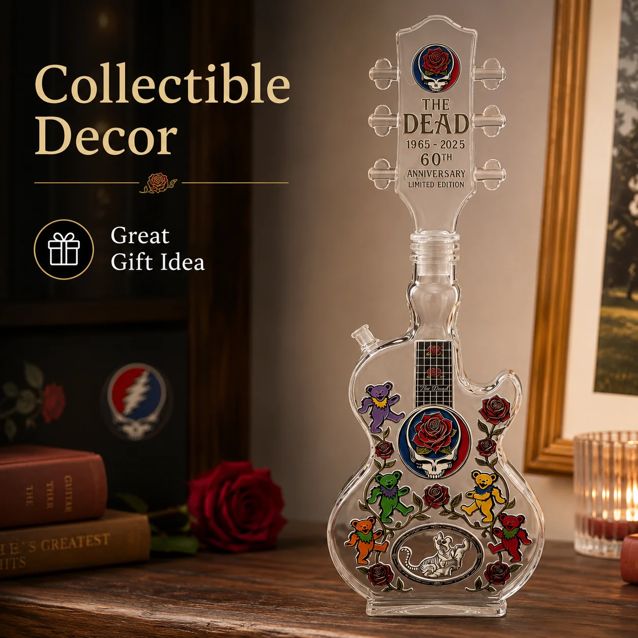 Grateful Dead Rock Band Decorative Decanter, Clear Glass Guitar Whiskey Bottle, Collectible Bar Ornament for Music Lovers