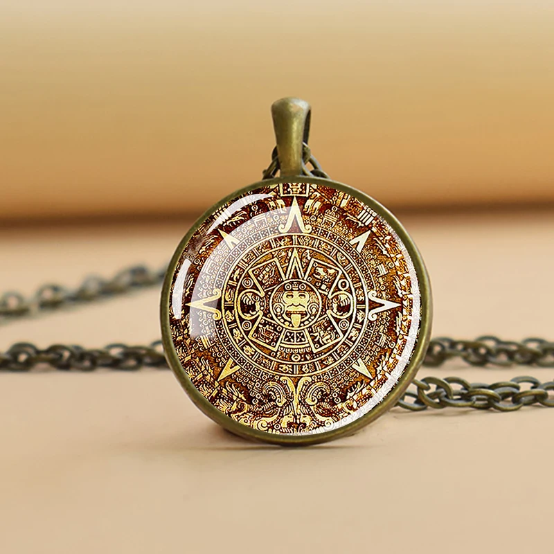 Collar con calendario azteca, arte antiguo de México, cadena de cobre, colgante, collar para hombres y mujeres, joyería maya Vintage