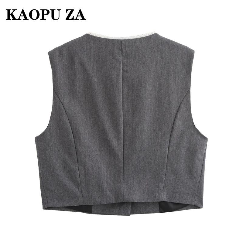 KAOPU ZA 2024 Autumn New Lady Sophisticated Waistcoat Gilet Fashion Woman Grey Sleeveless Vest Ruffles Regular Fit O-Collar Top