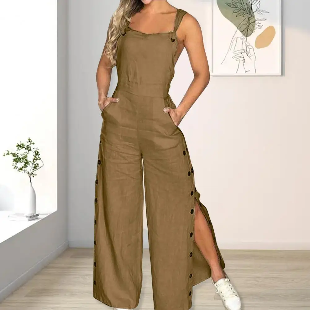 Women Sleeveless Wide Leg Jumpsuit With Side Pockets Loose Straight-Leg Romper Women Summer Outfit