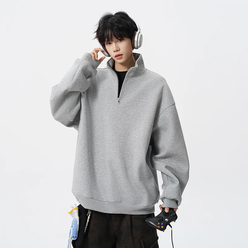

Fake Two-piece Hoodie Mens Stand-up Collar Hoodie School Style Loose Pullover Hoodie Spring Autumn Fashion Half-zipper Pullover
