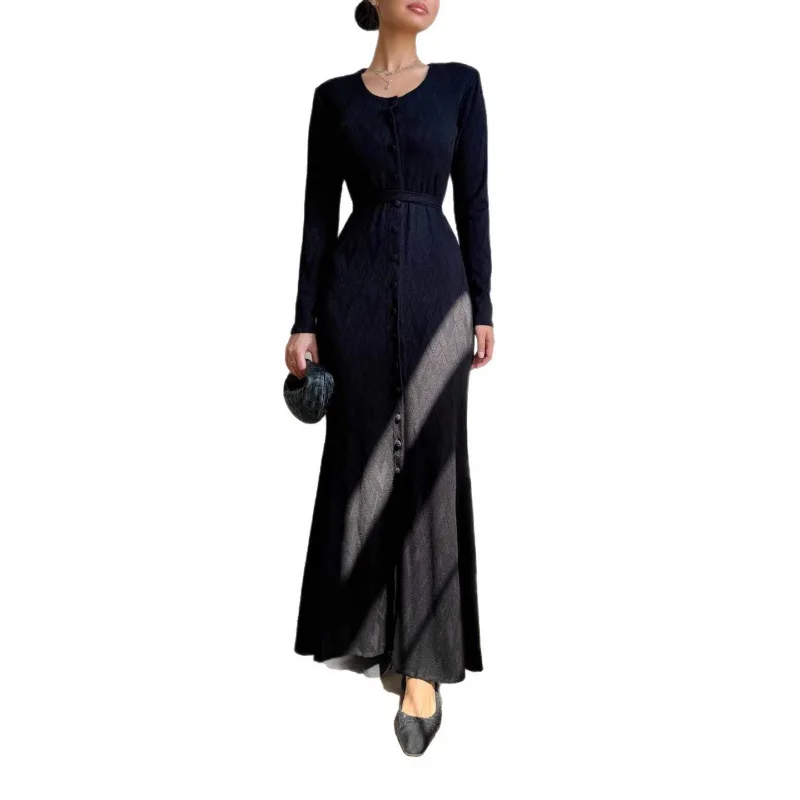 Temperament Elegant Knitted Dresses Women Autumn Winter New O Neck Single Breasted Leace-up Slim Long Dress Sweater Vestidos