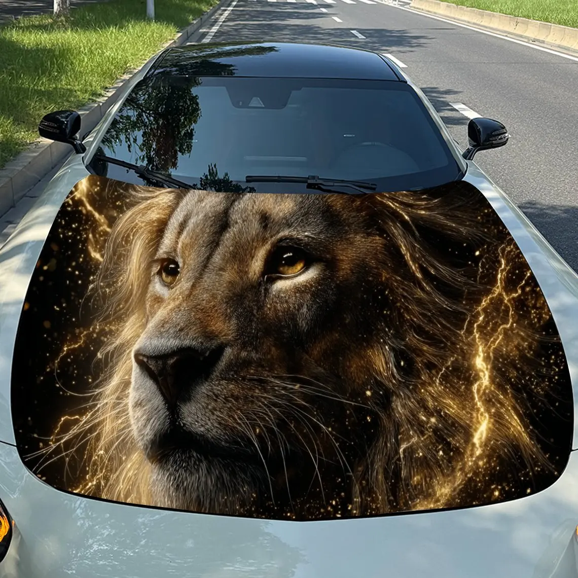 Gilded Thunder Lion Car Vinyl Wrap, PVC Material Waterproof Car Hood Sticker, Self-Adhesive Scratch-Resistant Stickers for Engin