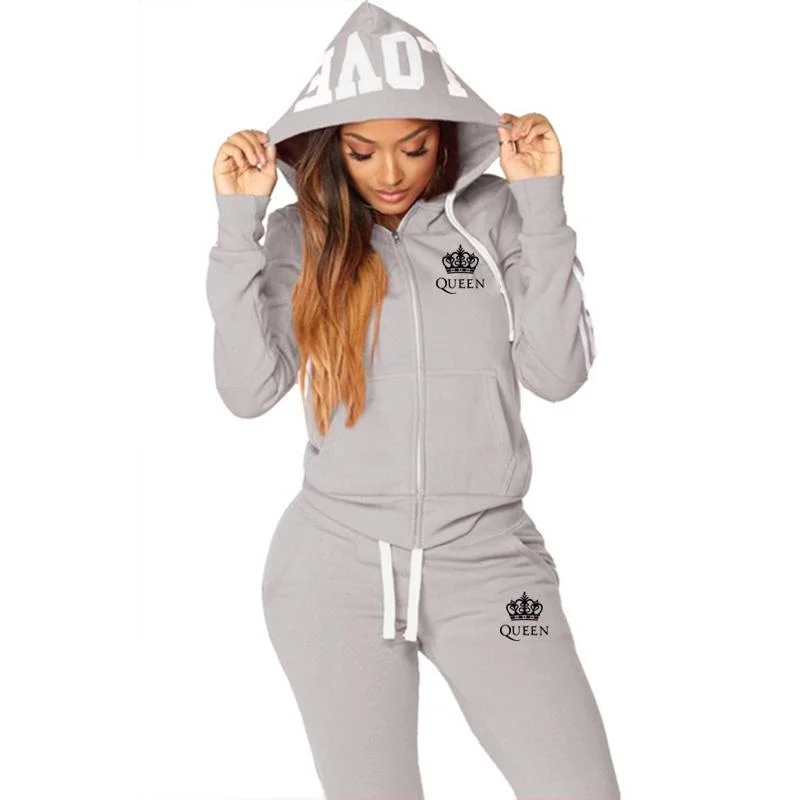 2023 Hot Sale queen Casual Striped Zipper Pocket Pure Color Women Tracksuit Fashion Sportwear Hoodie + Trousers Jogging Suit