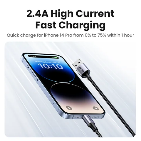 UGREEN MFi Lightning кабель для iPhone 14/13/12 Pro Max, 2.4A, быстрая зарядка — внешний вид товара