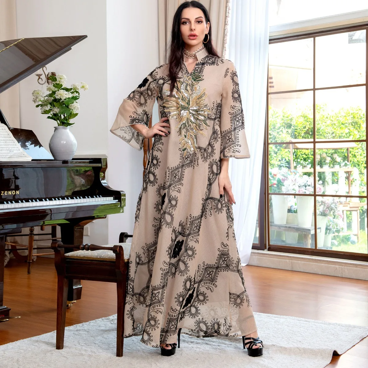New Muslim Women Luxury Robe Beads Flower Embroidery Evening Gowns Long Sleeve V-Neck Printing Elegant Lady  Large Swing Dresses