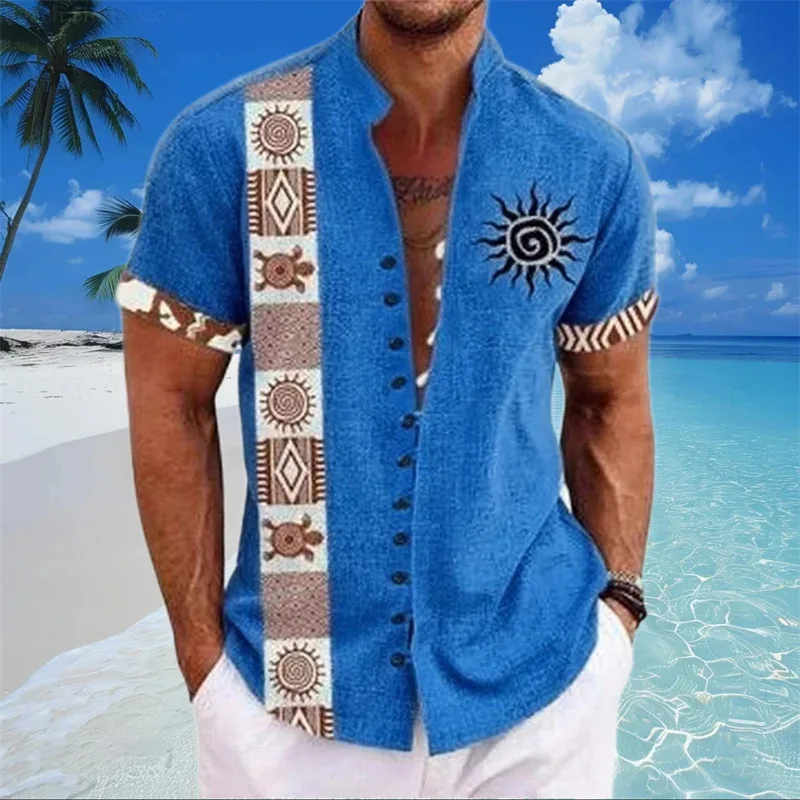 

New men's linen short-sleeved shirt, fashionable retro style, ethnic totem printing, comfortable and breathable, men's tops