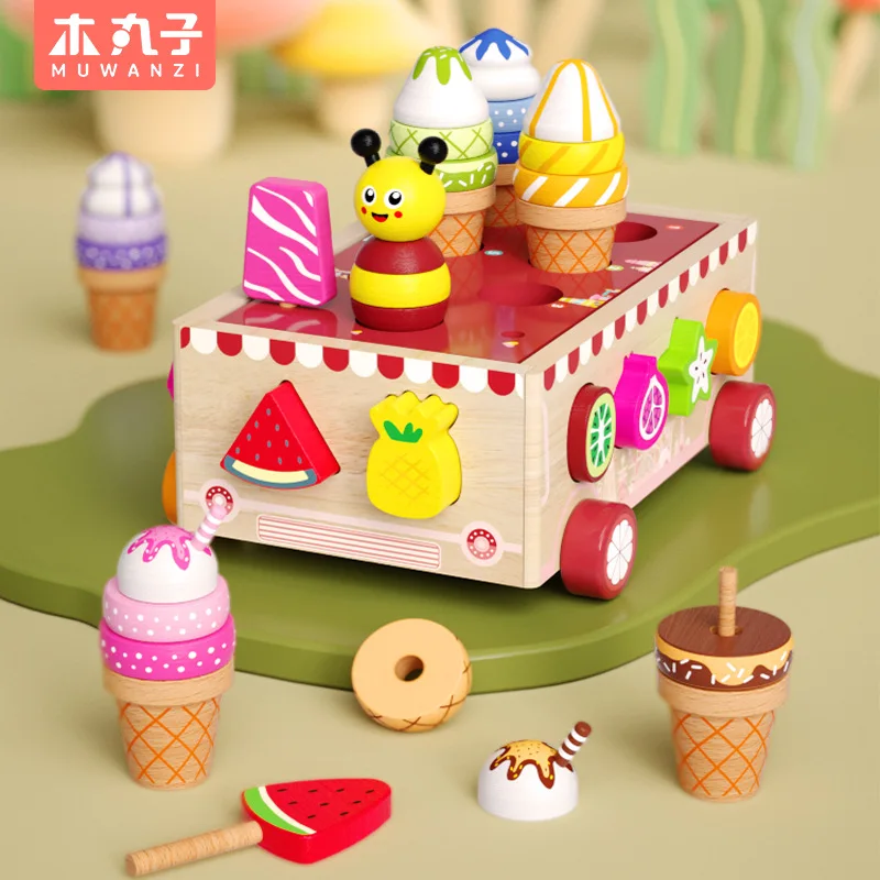 مكعبات بناء صندوق فكرية لآيس كريم الفاكهة المحاكاة الخشبية، ألعاب ألغاز مطابقة الشكل للتعليم المبكر للأطفال، XT177