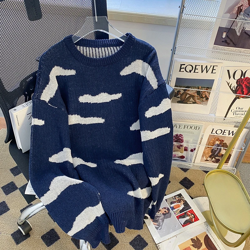 Suéteres estampados preguiçosos para homens, suéteres de manga comprida, roupas de casal tricotadas simples Harajuku, moda azul marinho, Japão