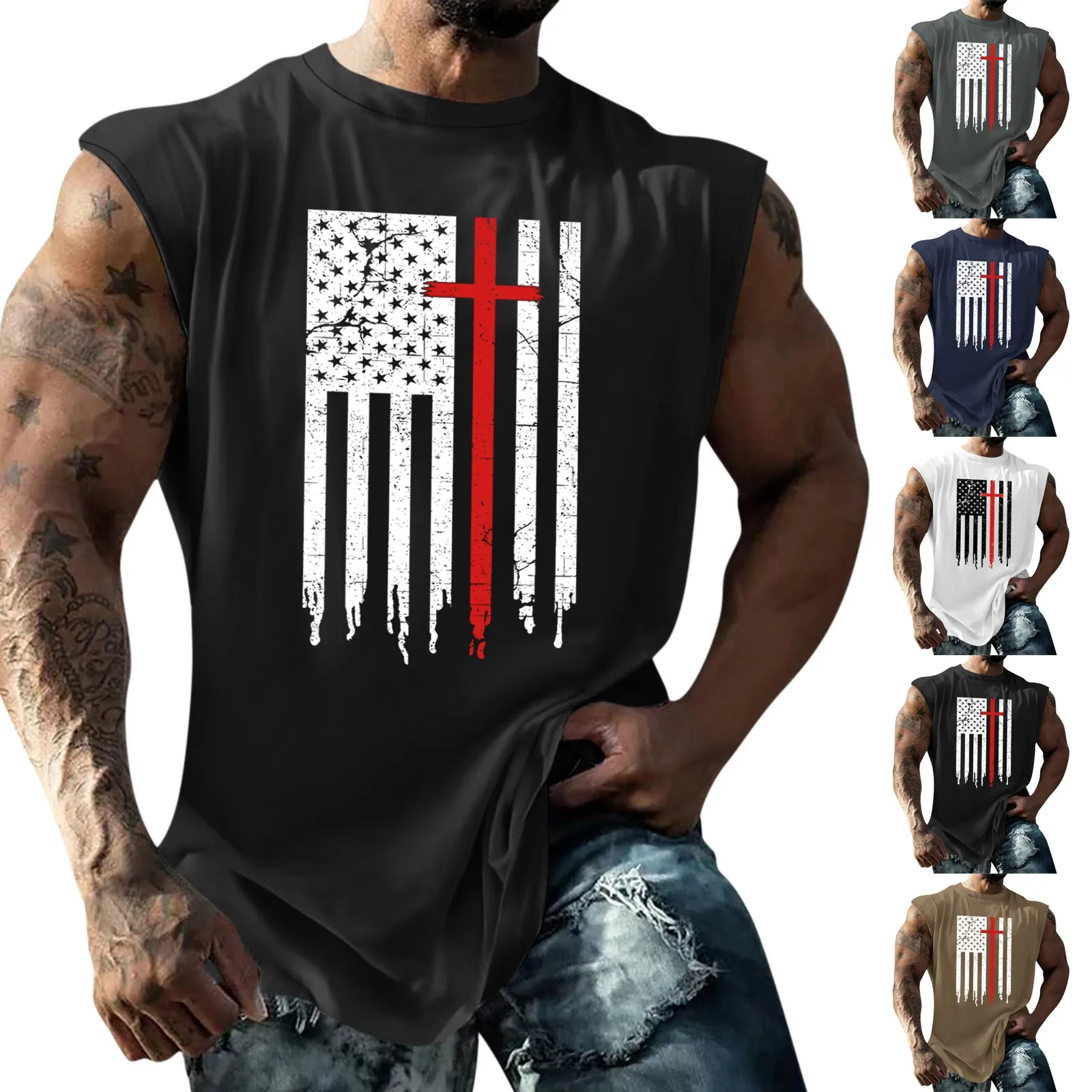 Men Independence Day Tank Top Flag Print Vest Male Fashion Summer Streetwear Sleeveless Sport Shirt V-neck Casual Clothes S-3xl