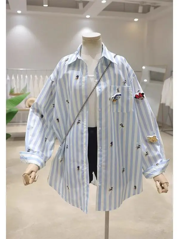 Extra Large 300 Pou Cartoon Embroidery Loose Striped Women's irt Trendy  Collar Breathable Cotton Polyester Blend