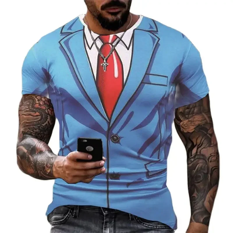 Summer Men\'s Suit T-shirt Bow Tie Funny 3D Printed Fashion Fake Two-piece Set Casual Crewneck Top Short Sleeved Harajuku Shirt