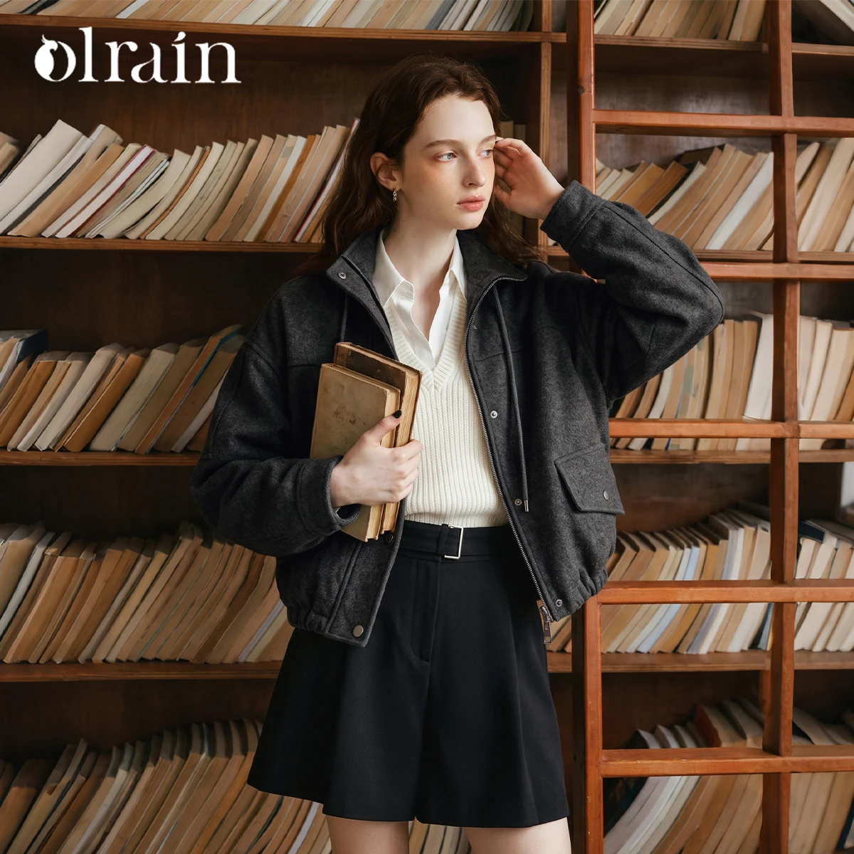 OLrain Short Coat Women's Clothing 2026 Autumn And Winter New French Retro Dark Gray Temperament Lapel Drawstring GO58QW011281