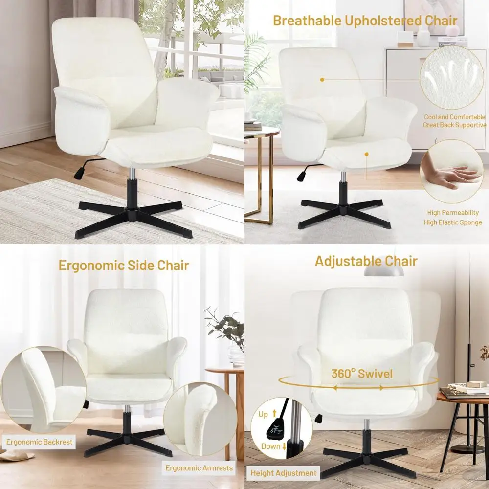 

Ergonomic Padded Linen Upholstered Desk Chair, Adjustable Swivel Vanity Chair, No Wheels, Beige