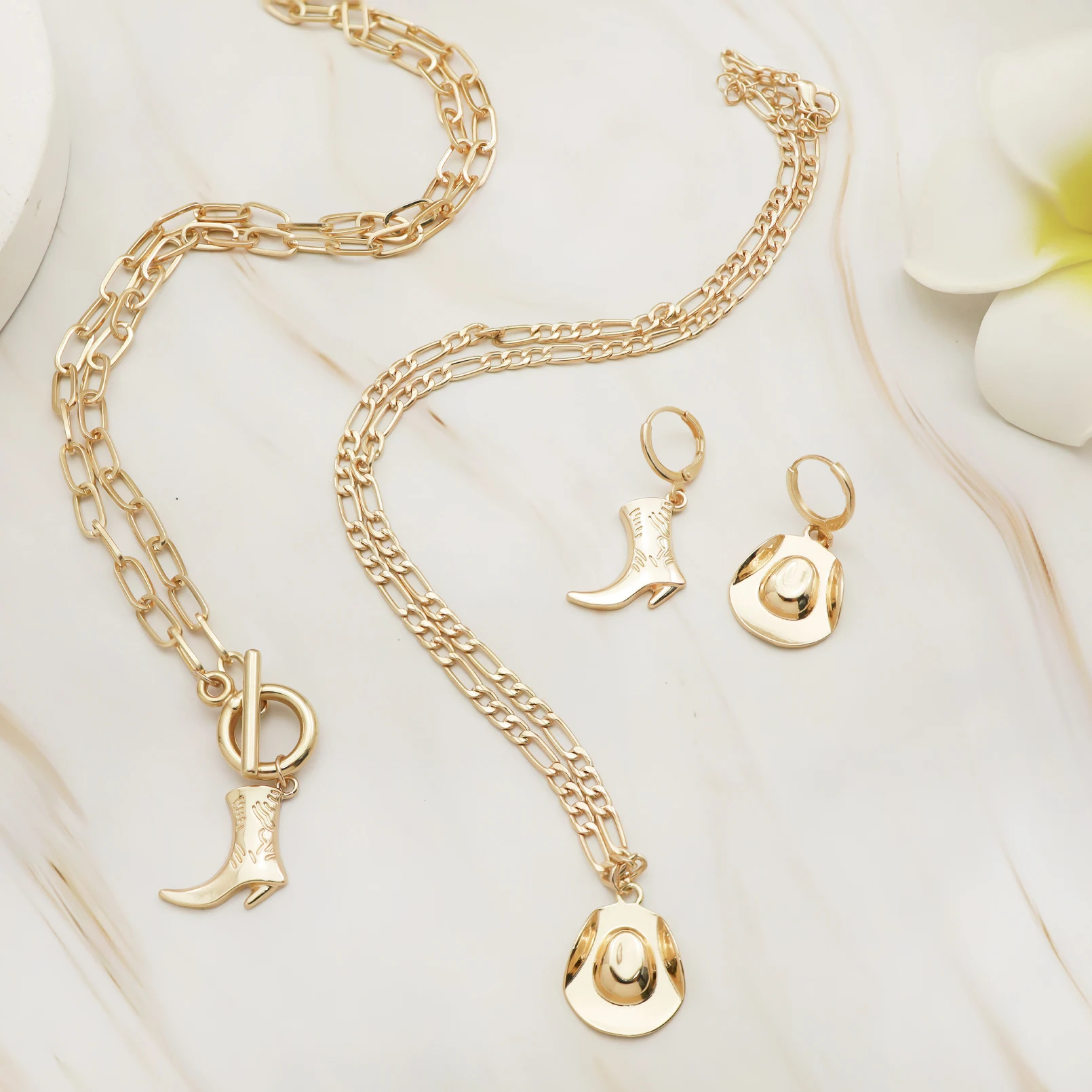 Western Cowboy Hat Boots Pendant Necklace Earrings Set for Women Double Layered Chain Vintage Stud Earrings Accessories Jewelry
