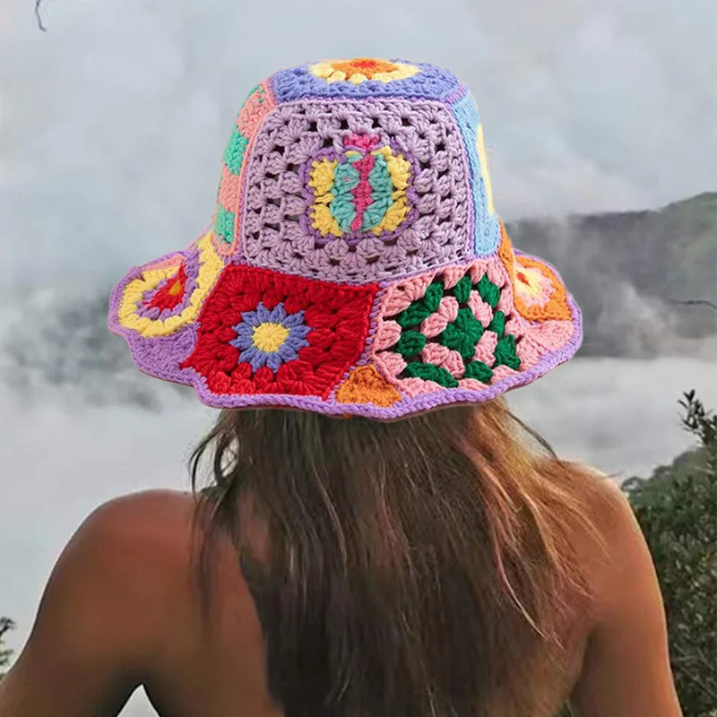 Woman Handmade Crochet Colorful Flower Bucket Hats Y2K Street Spring and Autumn Versatile Fashion Big Brim Retro Basin Cap