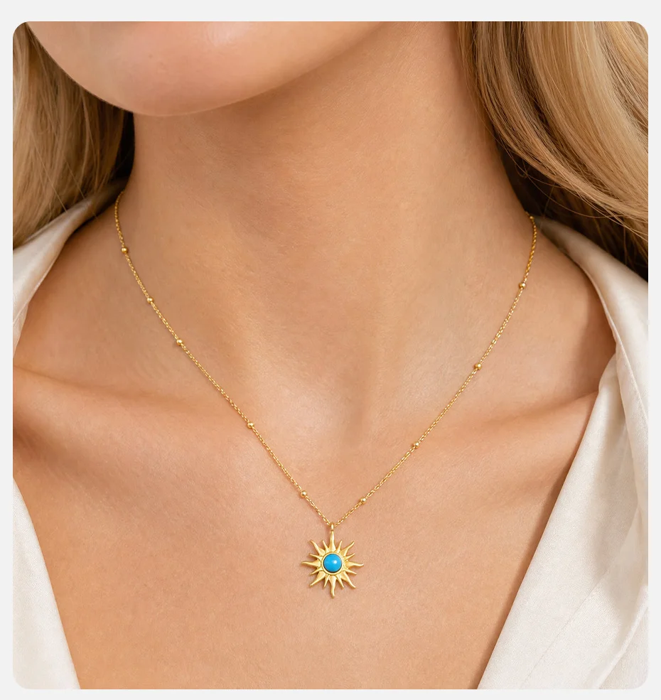 Vnox vergoldete blaue Türkis-Sonnenstern-Anhänger-Halskette für Damen, Edelstahl-Hexagramm-Schlüsselbeinkette, böhmischer Schmuck – Detail 2
