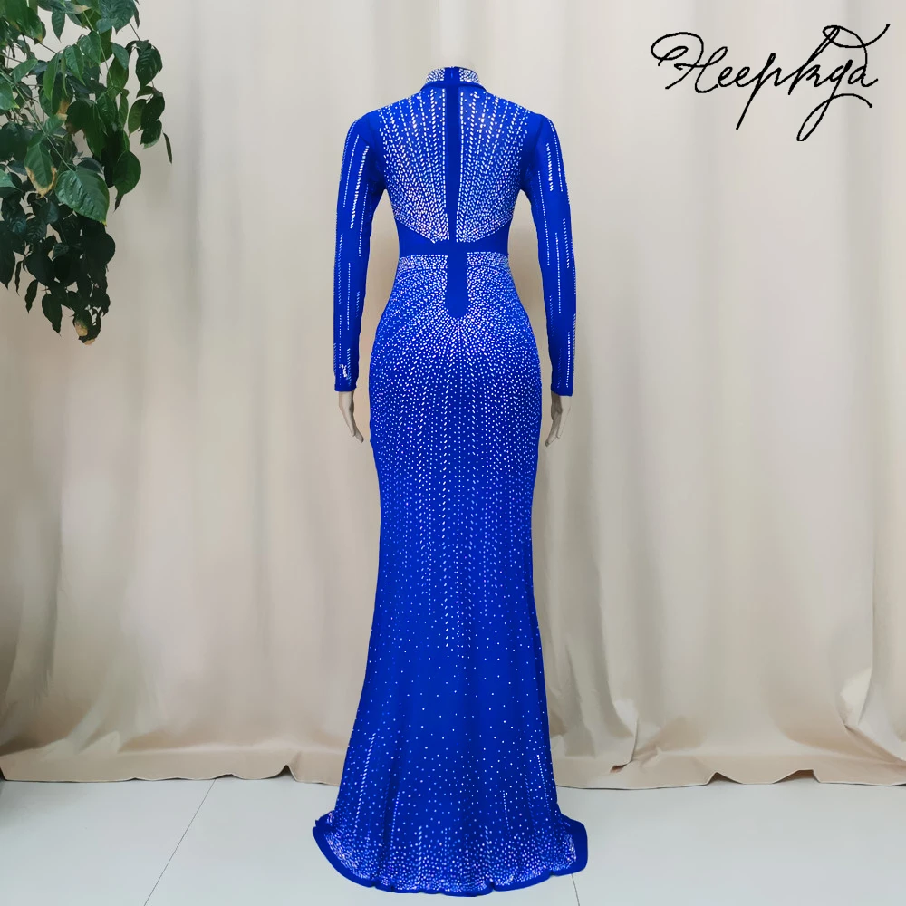 Long Sleeves Royal Blue Luxury Evening Dress High Neck Mermaid Chic Beading Crystals Women Prom Gowns For Wedding Party