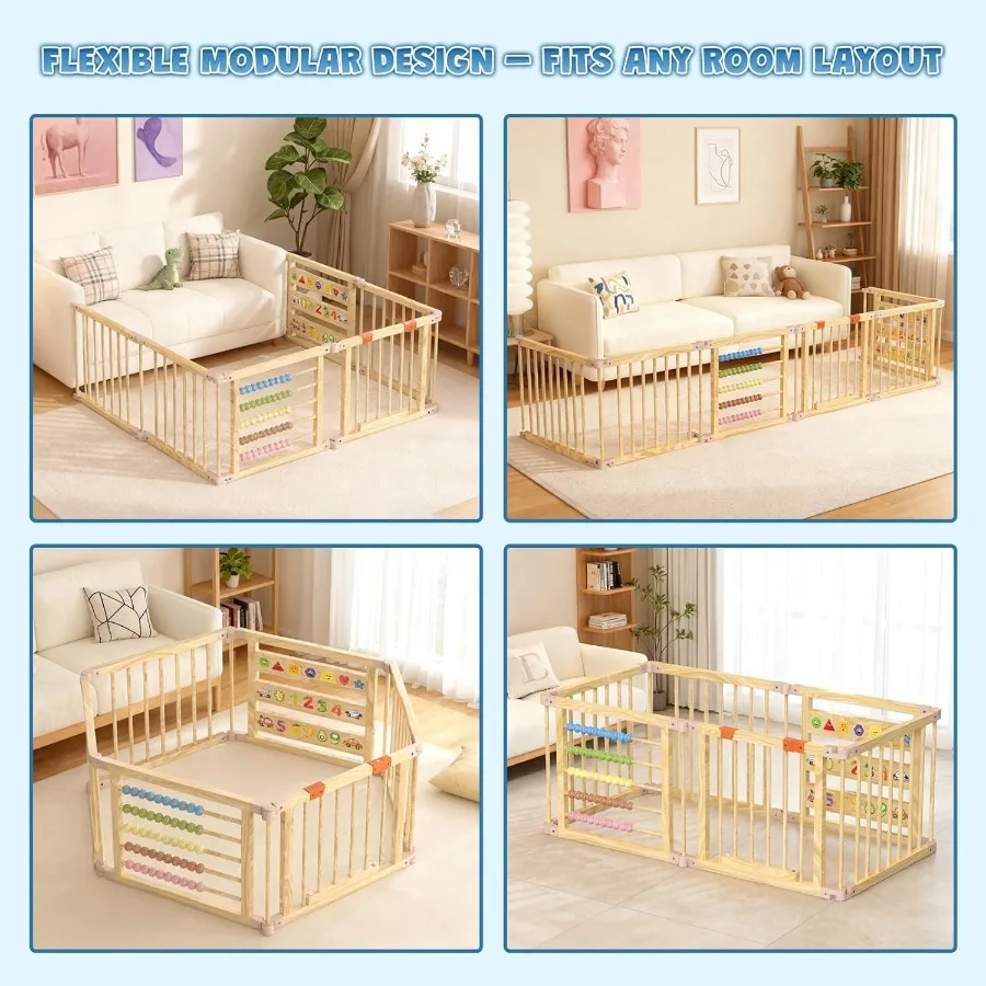 Foldable Wooden Baby Playpen with Gate, Wood Play Yard with Educational Abacus, Alphabet Board & Child Proof Lock, 57×30×23 inch