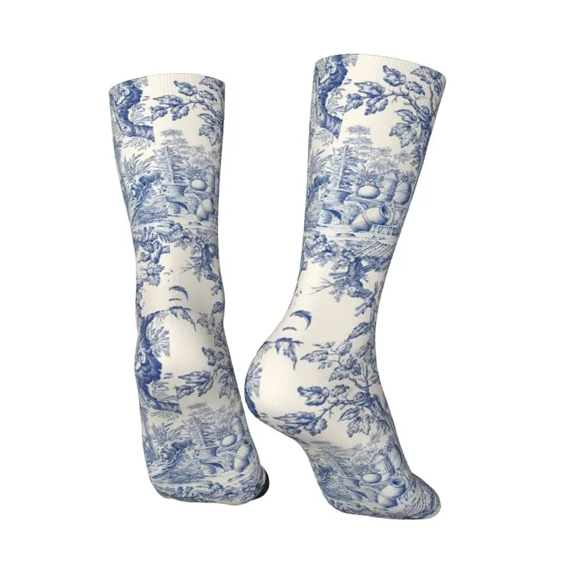 Fashion Mens Toile De Jouy Navy Blue Motif Pattern Dress Socks Unisex Comfortable Warm 3D Print Classic French Style Crew Socks