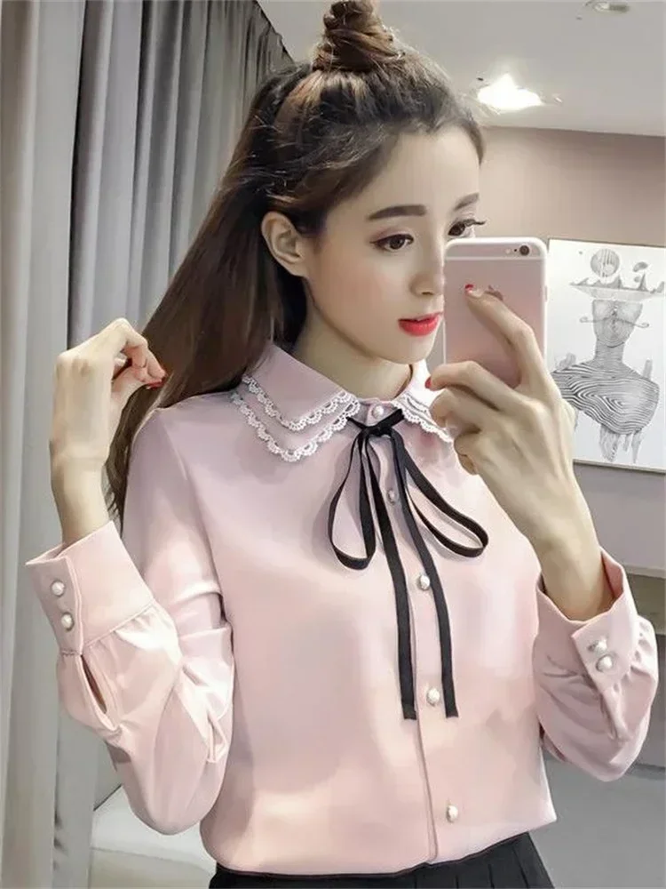 

Women Spring Autumn Style Vintage Blouses Shirts Lady Casual Long Sleeve Turn-down Collar Pink White Blusas Tops DF3089