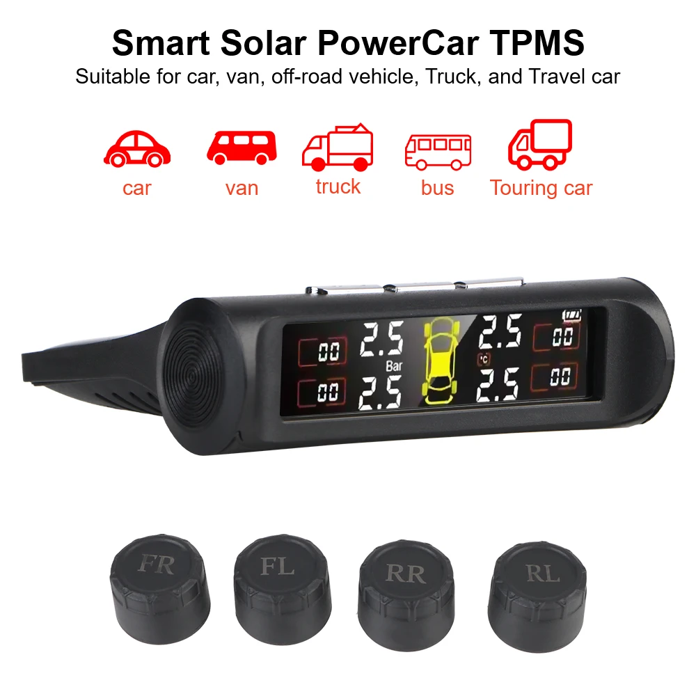 

Auto Security 0.1-8Bar Universal Tyre Pressure Monitoring System Solar Power Smart External Car TPMS Digital LCD Display