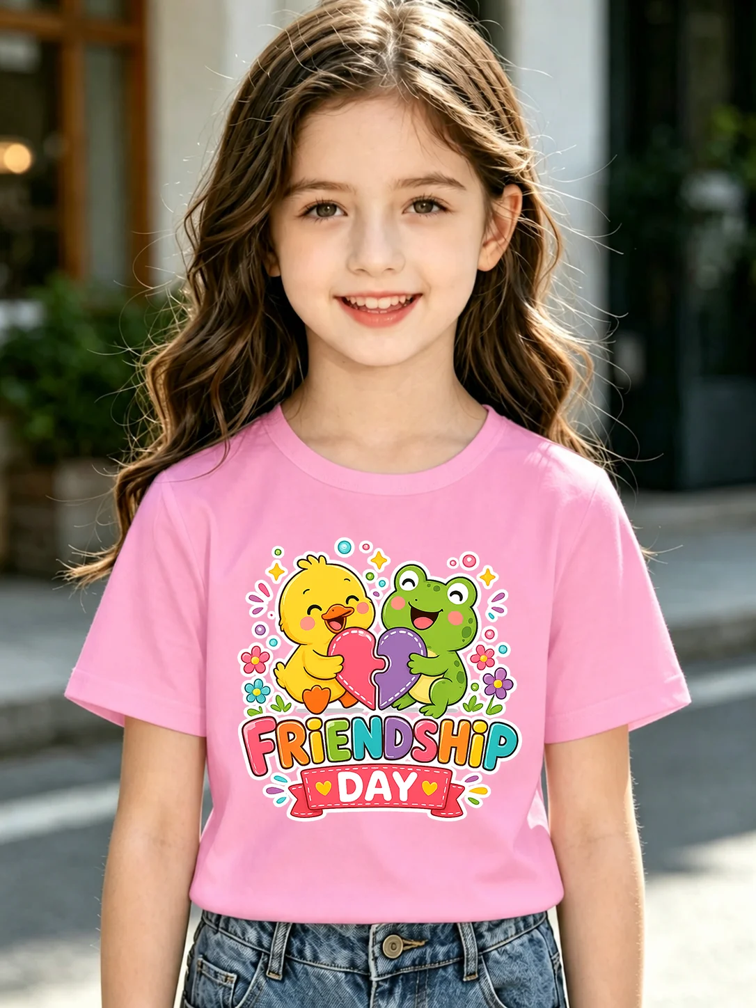 Kids Girls Pink T-shirt Friendship Day Cute Cartoon Duck Frog Broken Heart Print Short Sleeve Tee Summer Cotton Children Casual