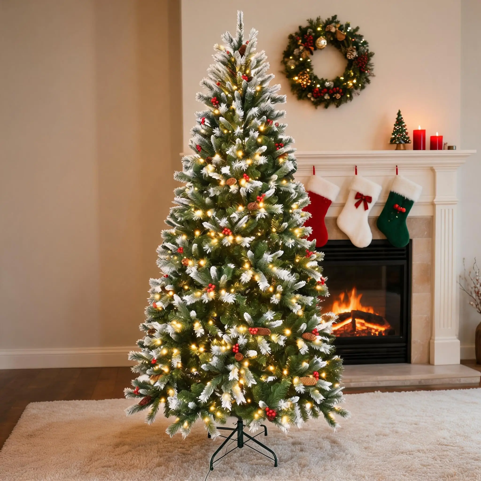 7.5/6FT Pre-Lit Flocked Christmas Tree with 400 Warm White Lights | 900 Branch Tips, Factory Flocked Snow, 3-Section Tool-Free Setup, Foldable Metal Base