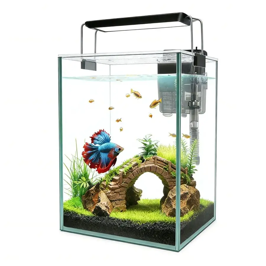 White Glass Aquarium Starter Kits 1.5 Gallon Small Fish Tank, Betta Fish Tank with LED Light, Power Filter, for Home Office Deco