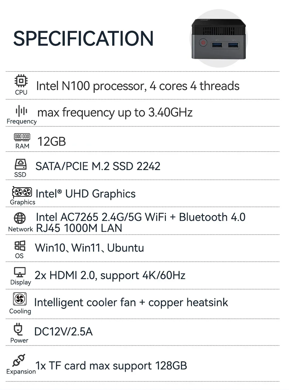 Мини-пк сетевой, Intel N100 Celeron N5105, 8 ГБ/12 Гб, Wi-Fi, Bluetooth 4,0