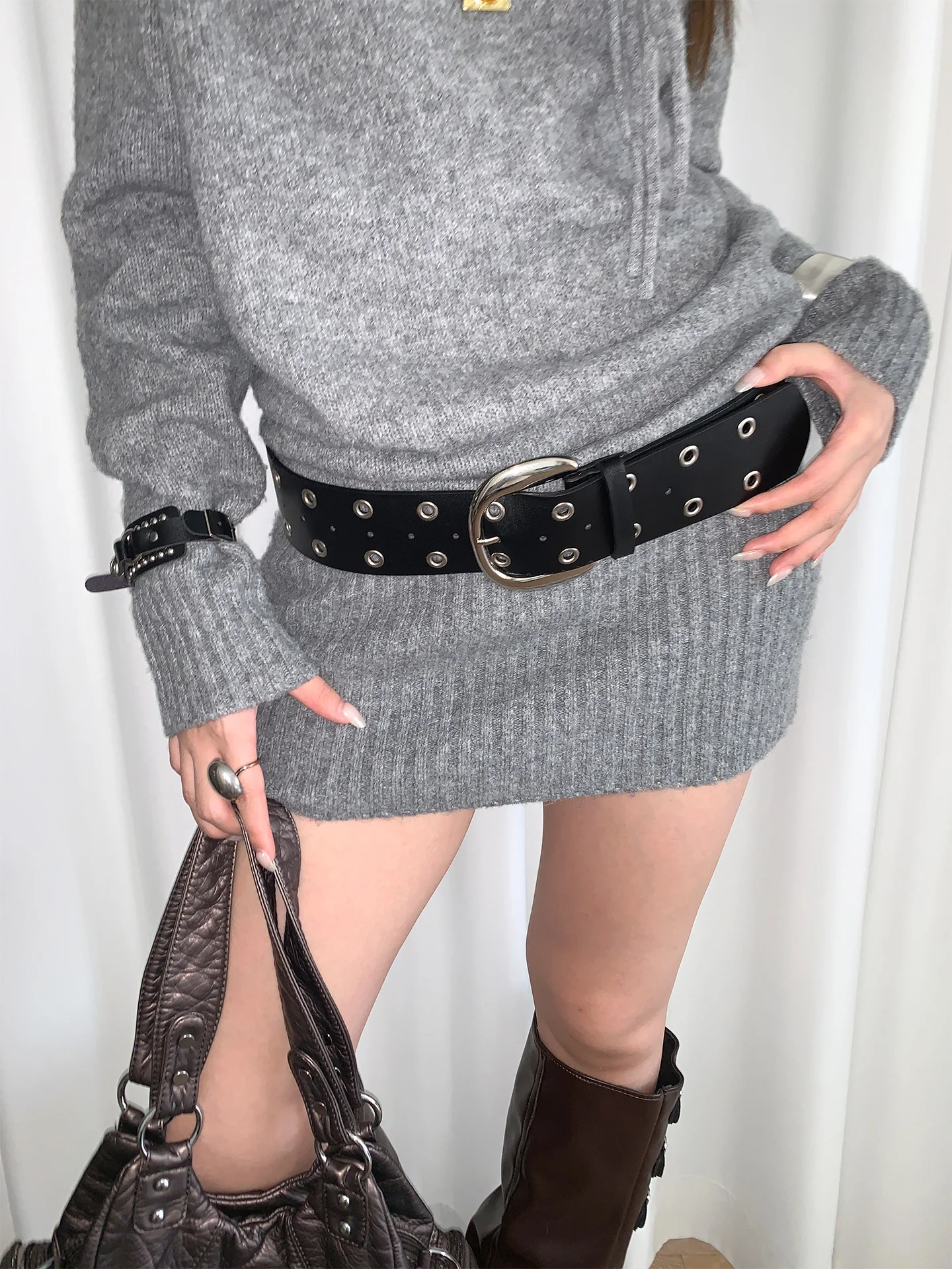 Design Sense Rivet Punk Style Black Wide Belt For Women Minority Match With Skirt And Jeans Slimming Waist Wrap