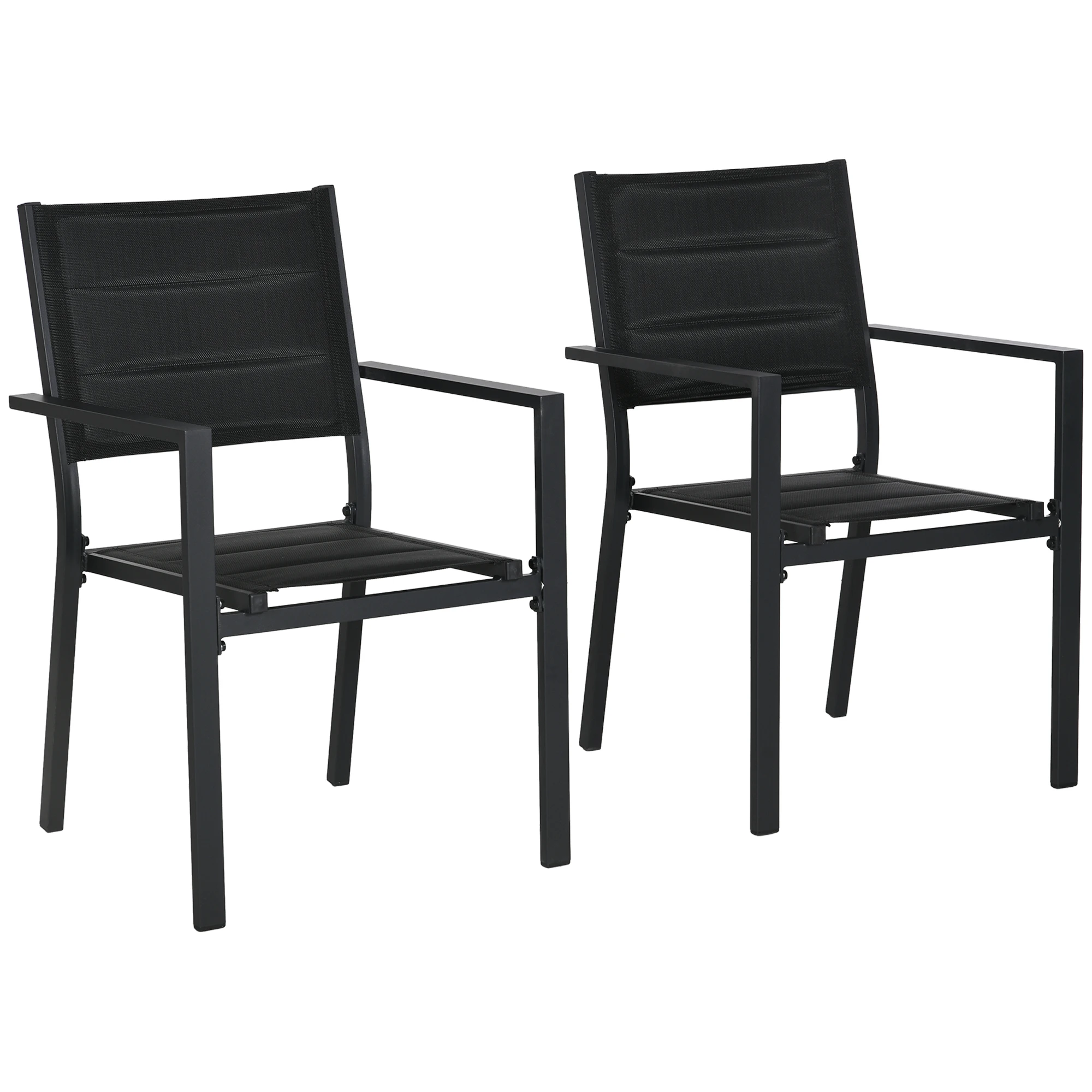 Outsunny 2 Pieces Garden Dining Chairs, Aluminium Outdoor Armchair for 2 with Breathable Mesh Fabric, Stackable Design, Black