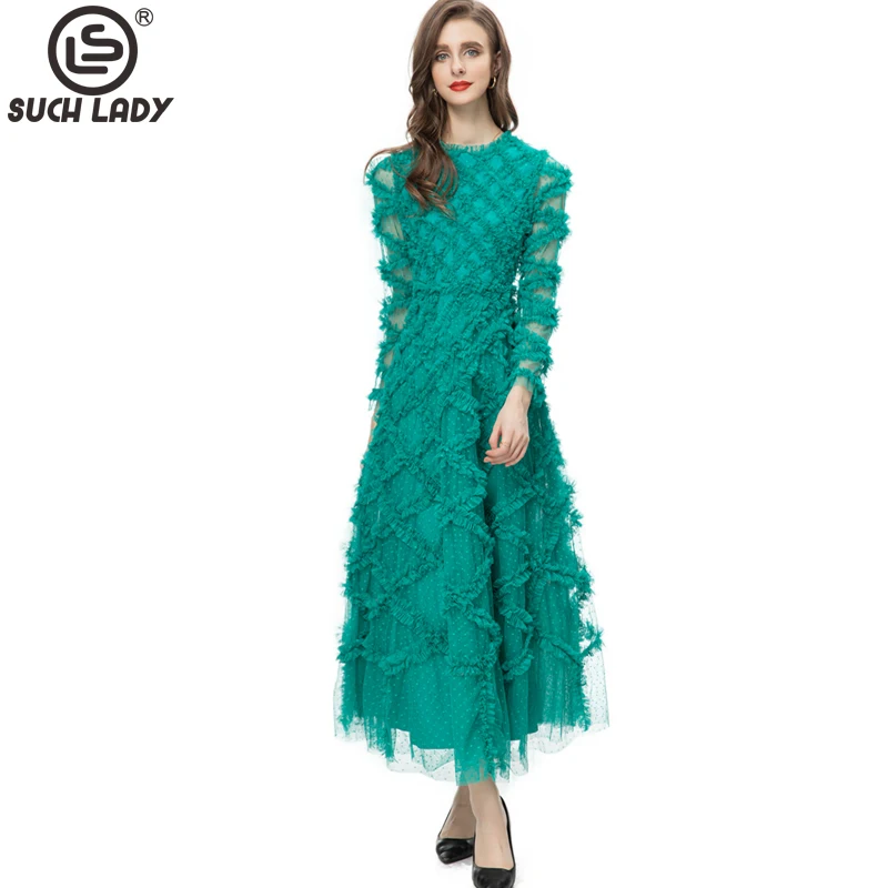 

Women's Runway Dresses O Neck Long Sleeves Plaid Ruffles A Line Mesh Elegant Party Gown Envening Prom Vestidos