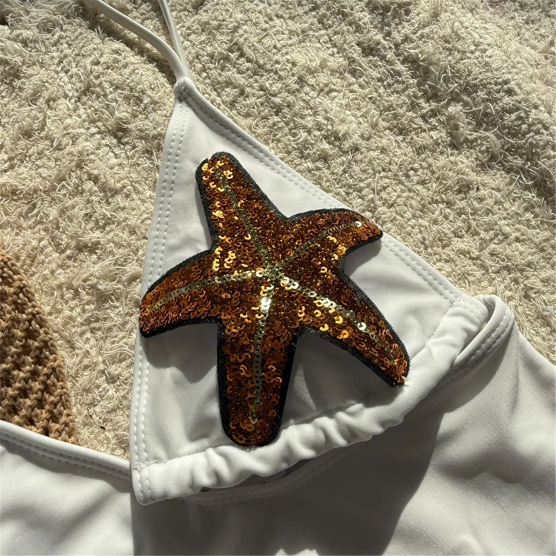 Sexy asymmetrischer, glänzender Badeanzug mit Sternen-Pailletten, einteiliger Badeanzug für Damen, Monokini mit hohem Beinausschnitt, Badebekleidung, Badeanzug, Modell V7158. – Detail 14