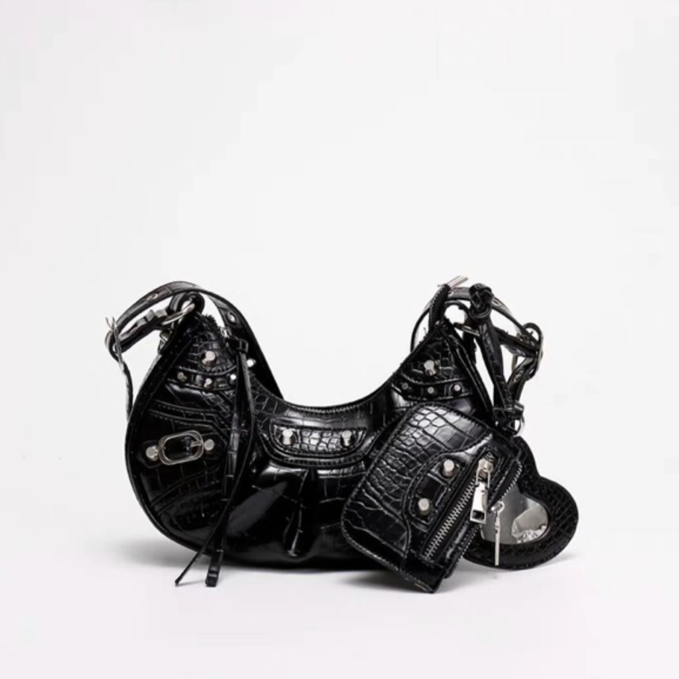 

Shoulder Bag Crossbody Bag Female Gothic Rivet Crocodile PU Leather Saddle Bag with Purse Vintage Grunge Punk Rock Fashion Y2K