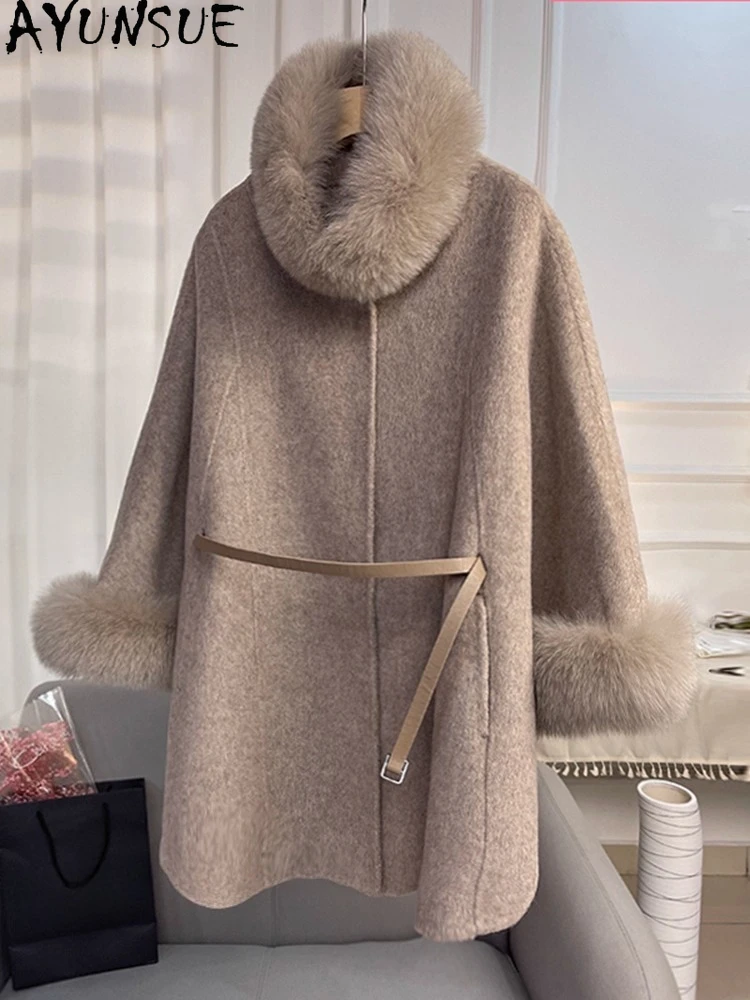 AYUNSUE Natural Cashmere Coat for Woman Fox Fur Double Sided Cashmere Coat Woman Clothes Loose Cloak Woolen Coat Autumn Winter