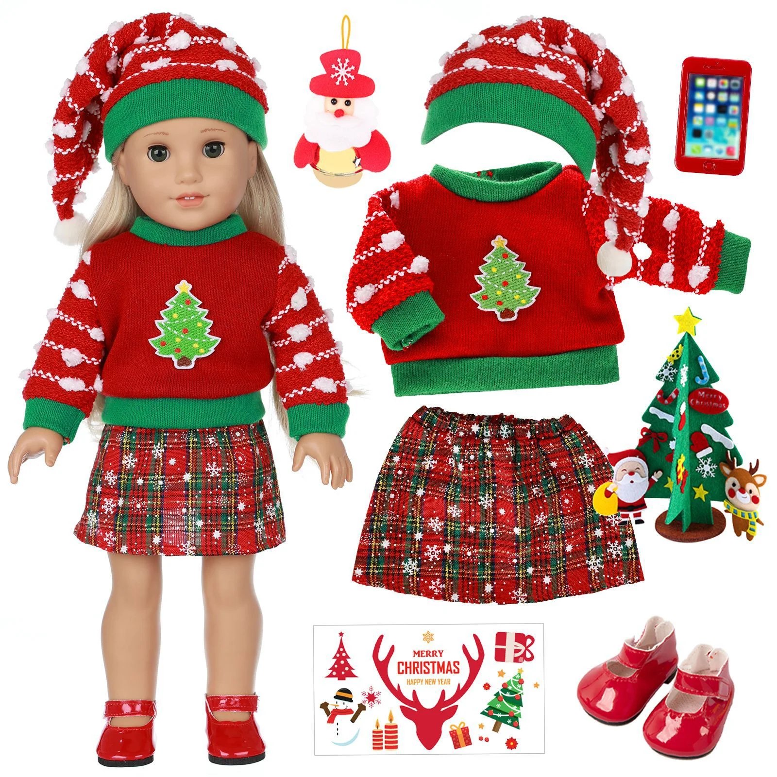 Christmas Doll Clothes Set Xmas Tree Sweater Plaid Dress Outfit Antler Headband Fit 18 Inch Doll Girls Holiday Dress Up Gift