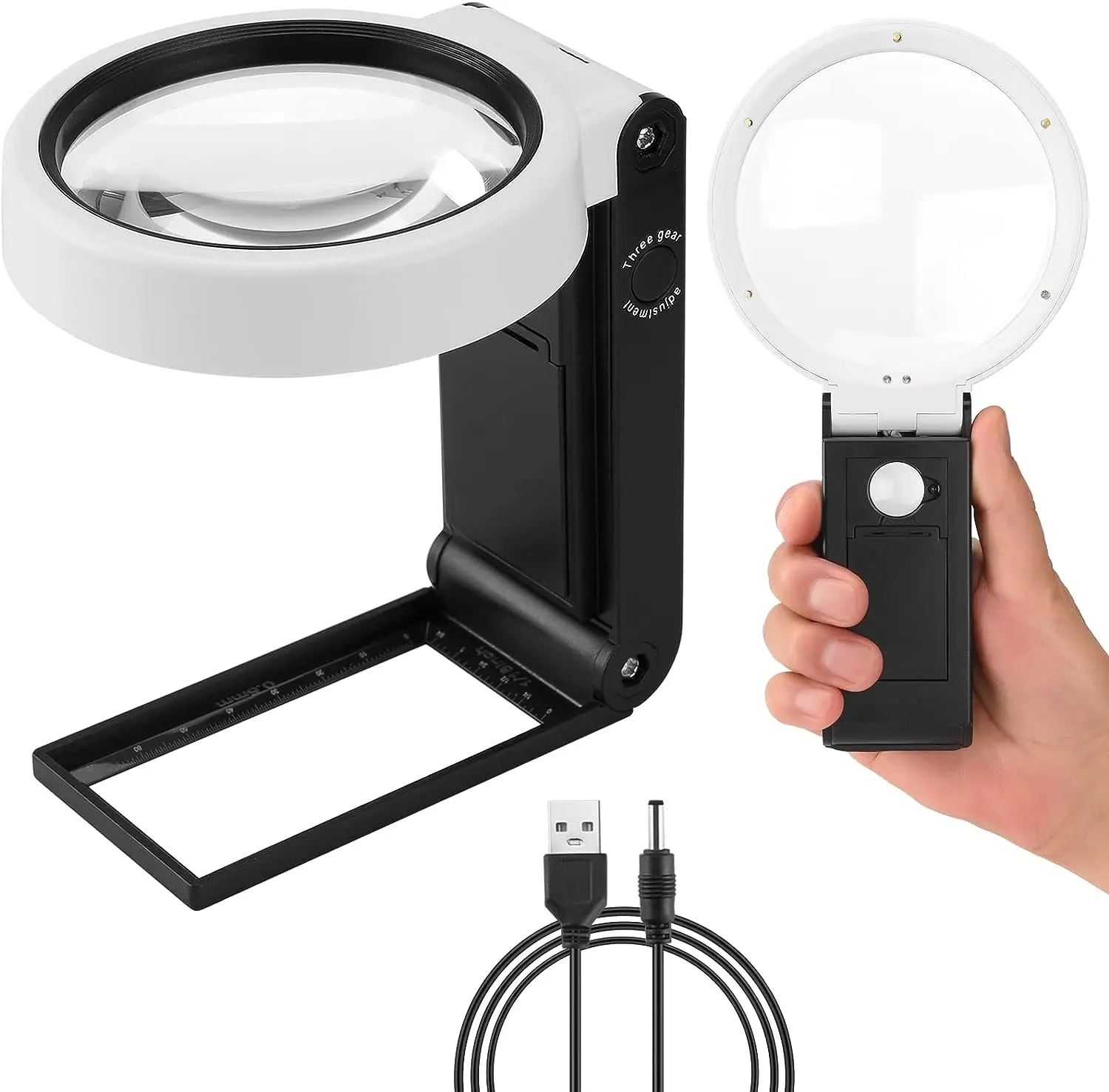 Foldable LED Magnifying Glass with Light 3 Modes Dimmable Desktop Handheld Reading Magnifier USB Powered Repair Loupe Desk Lamp