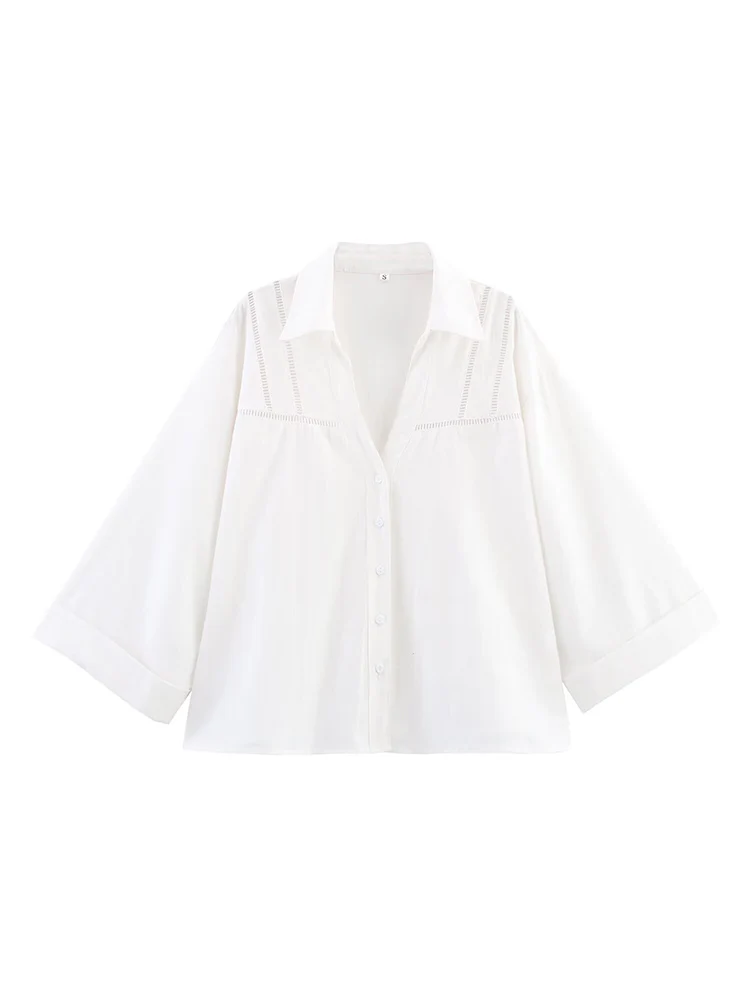 

2025 Women Summer Shirts Blouses Tops Fashion Solid Loose Hollow Out V-Neck Female Elegant Street Top Clothing