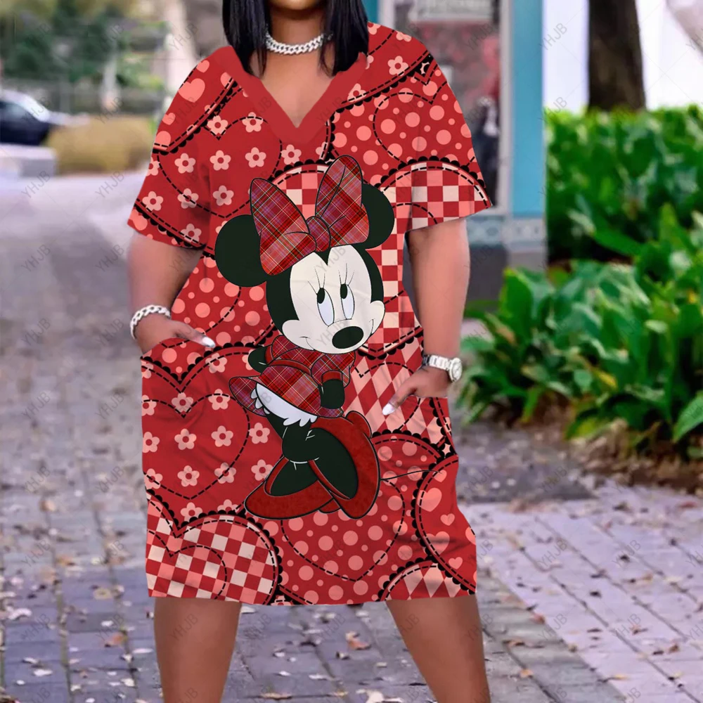 Disney Minnie Maus Sommer Party Kleid Langarm V-ausschnitt 3D Drucken Midi Kleid Neue Casual Lose Urlaub Lange Hemd vestido