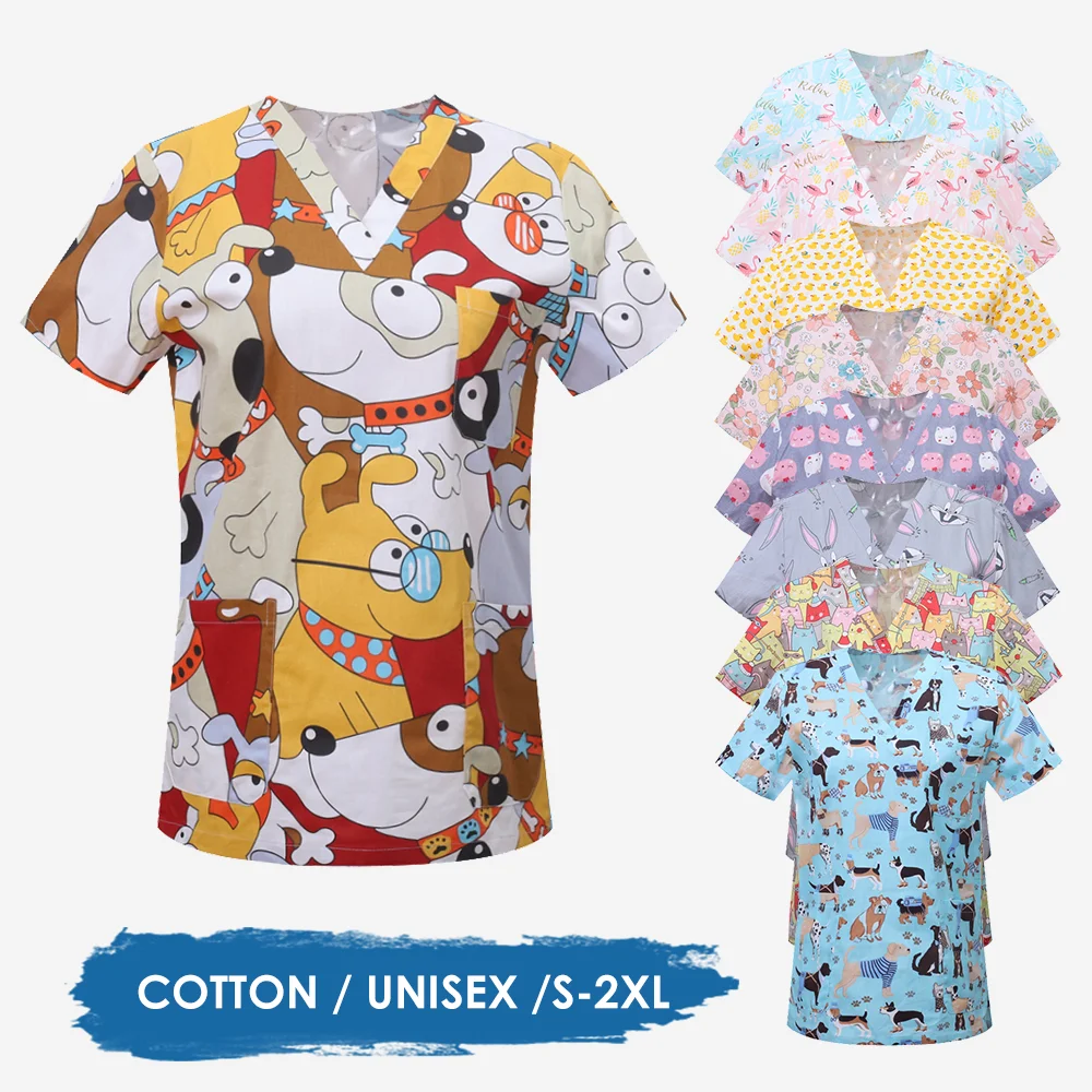 

Pet Clinic Hospital Nursing Scrubs Animals Cartoon Print Tops Cotton Women Dentistry Doctor Blouse Surgical Uniforms Shirts Man