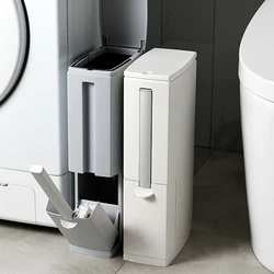 Slim Plastic Narrow Trash Can with Toilet Brush Holder Garbage Storage Organizer with Press Top Lid Modern Waste Can New 2024