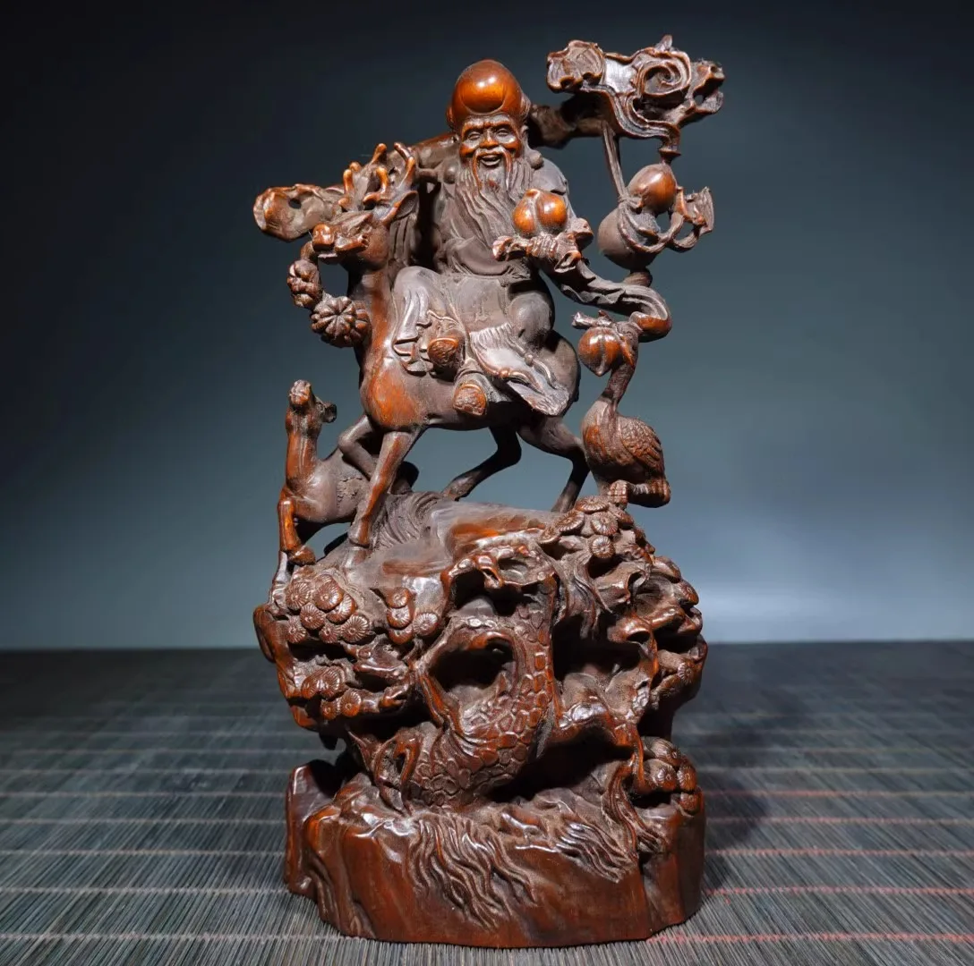 Chinese Antique Boxwood Wood Carving God Of Longevity Statue Collection Nice Art