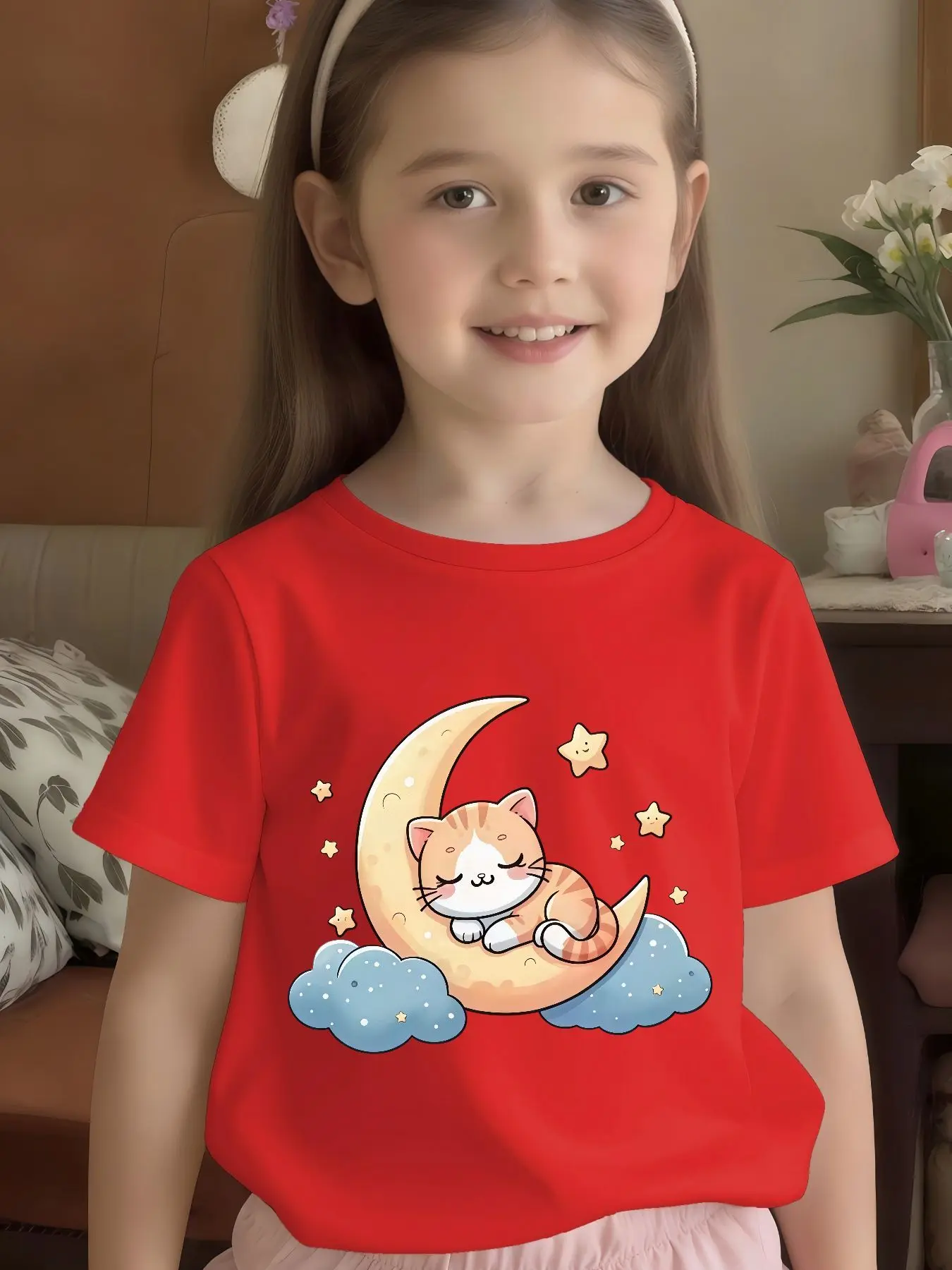 Sleeping Cat On Moon Star Cloud Cartoon T Shirt Boys Girls Family Match Cotton Short Sleeve Summer Children Casual Basic Wear