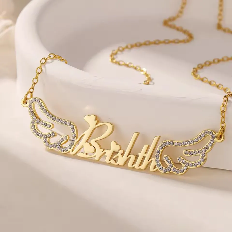 Women Jewelry Gifts Custom Name Necklace With Angel Wings Iced Wing Personalized  Stainless Steel Pendant Choker