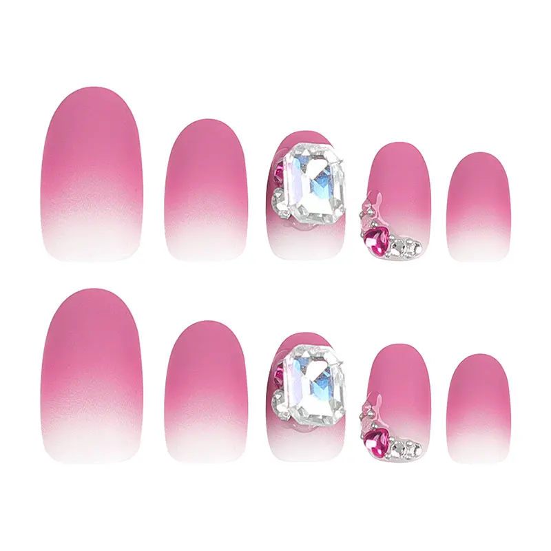 Unhas falsas curtas com diamante incrustado, manicure patches, carmim vermelho, 24 pcs/box